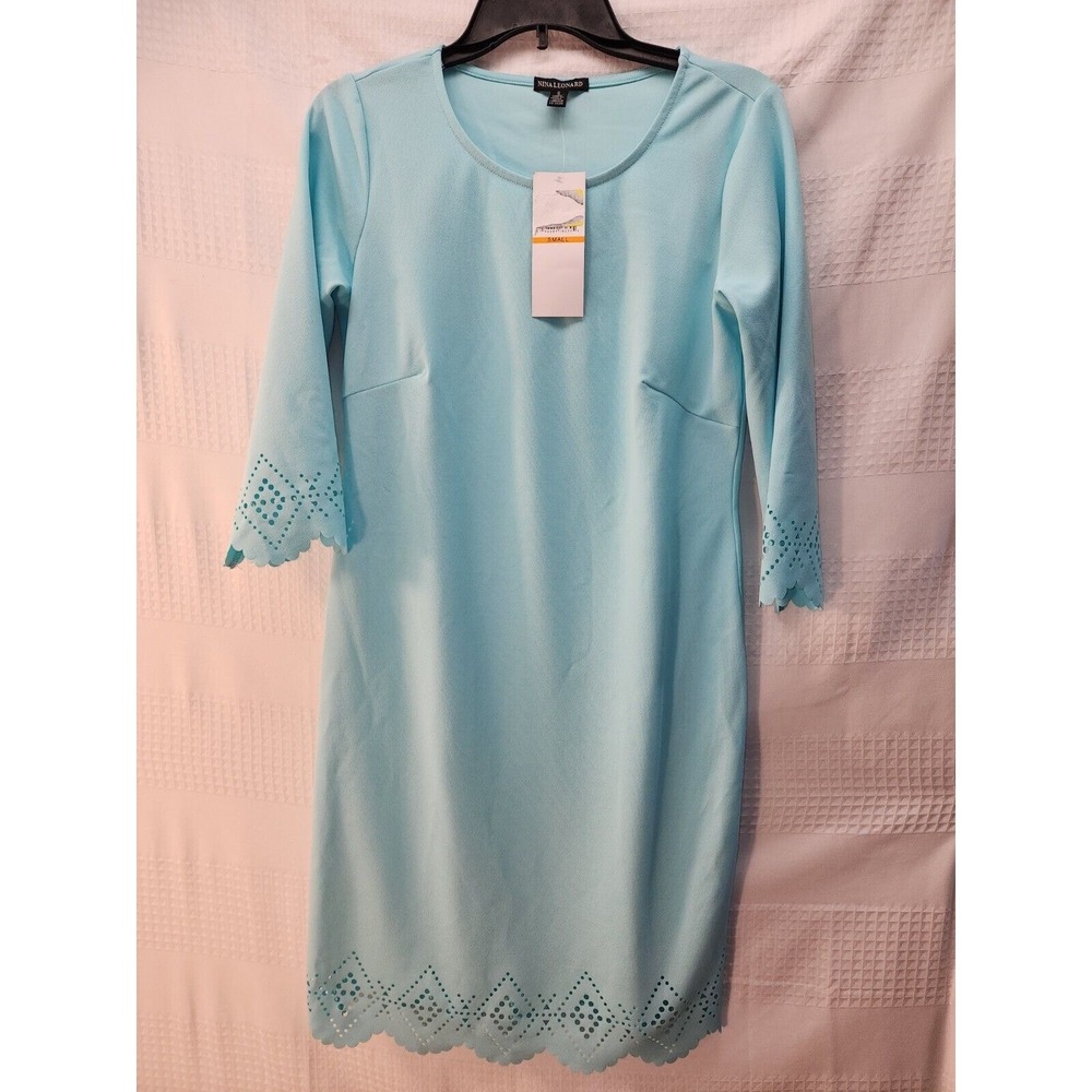 Nina Leonard Dress Womens Small Teal Midi A-Line Eyelet Hem Short Sleeve Blue